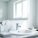 Modern bathroom with a sparkling sink and mirror, featuring organized cleaning essentials like spray bottles and microfiber cloths on the countertop for a quick cleaning routine