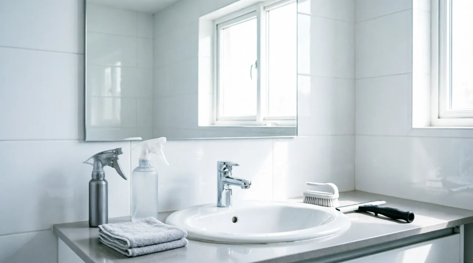 Modern bathroom with a sparkling sink and mirror, featuring organized cleaning essentials like spray bottles and microfiber cloths on the countertop for a quick cleaning routine