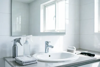 Modern bathroom with a sparkling sink and mirror, featuring organized cleaning essentials like spray bottles and microfiber cloths on the countertop for a quick cleaning routine