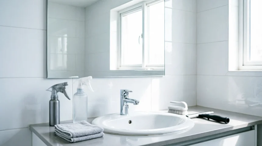 Modern bathroom with a sparkling sink and mirror, featuring organized cleaning essentials like spray bottles and microfiber cloths on the countertop for a quick cleaning routine