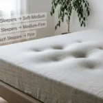 "Mattress buying guide infographic showing firmness recommendations by sleep position: side sleepers need soft-medium, back sleepers need medium-firm, stomach sleepers need firm, with mattress type icons for memory foam, latex, hybrid, and innerspring"