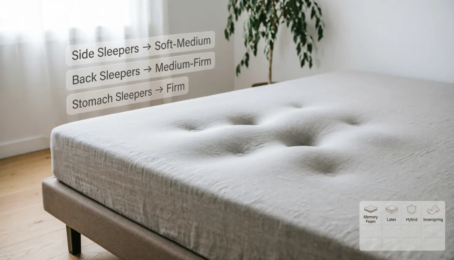 "Mattress buying guide infographic showing firmness recommendations by sleep position: side sleepers need soft-medium, back sleepers need medium-firm, stomach sleepers need firm, with mattress type icons for memory foam, latex, hybrid, and innerspring"