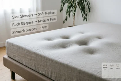 "Mattress buying guide infographic showing firmness recommendations by sleep position: side sleepers need soft-medium, back sleepers need medium-firm, stomach sleepers need firm, with mattress type icons for memory foam, latex, hybrid, and innerspring"