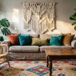 "A cozy bohemian living room featuring a layered patterned rug, a rattan accent chair, a vintage wooden coffee table, plush jewel-toned pillows, and a large macramé wall hanging surrounded by lush indoor plants."