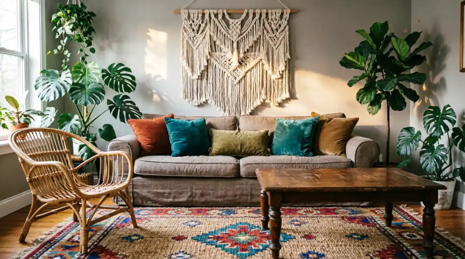 "A cozy bohemian living room featuring a layered patterned rug, a rattan accent chair, a vintage wooden coffee table, plush jewel-toned pillows, and a large macramé wall hanging surrounded by lush indoor plants."