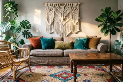 "A cozy bohemian living room featuring a layered patterned rug, a rattan accent chair, a vintage wooden coffee table, plush jewel-toned pillows, and a large macramé wall hanging surrounded by lush indoor plants."