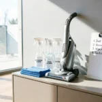 Organized cleaning supplies, a cordless vacuum, and a detailed checklist on a clipboard with a digital timer, illustrating a strategic plan to deep clean your entire house in one day efficiently.