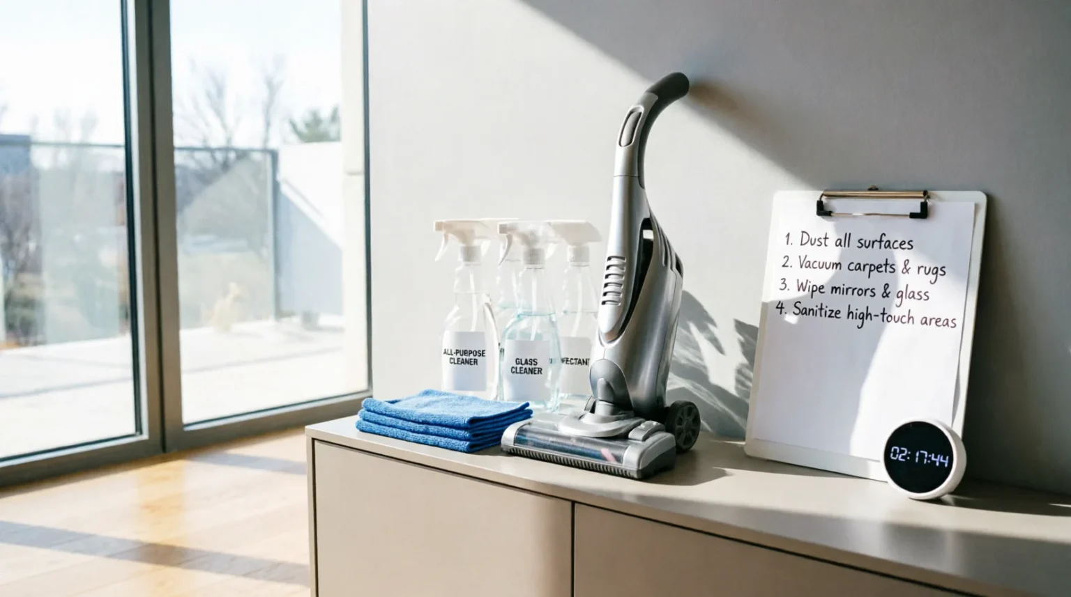 Organized cleaning supplies, a cordless vacuum, and a detailed checklist on a clipboard with a digital timer, illustrating a strategic plan to deep clean your entire house in one day efficiently.
