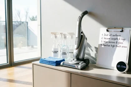 Organized cleaning supplies, a cordless vacuum, and a detailed checklist on a clipboard with a digital timer, illustrating a strategic plan to deep clean your entire house in one day efficiently.