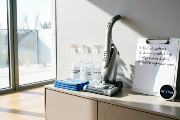 Organized cleaning supplies, a cordless vacuum, and a detailed checklist on a clipboard with a digital timer, illustrating a strategic plan to deep clean your entire house in one day efficiently.