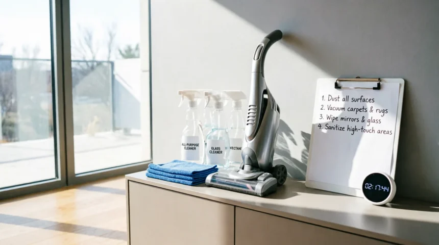 Organized cleaning supplies, a cordless vacuum, and a detailed checklist on a clipboard with a digital timer, illustrating a strategic plan to deep clean your entire house in one day efficiently.