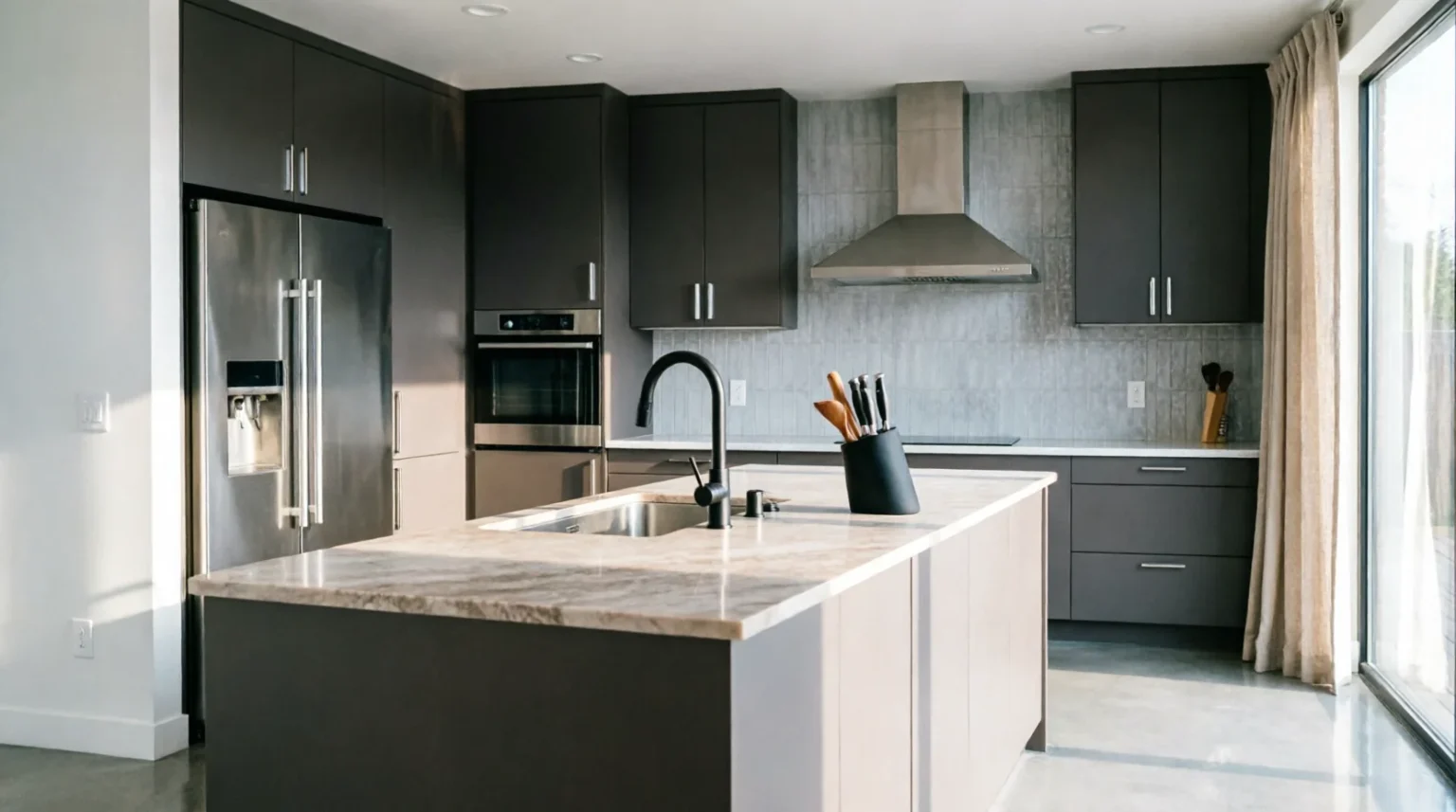 "Bright modern kitchen remodel featuring sleek custom cabinetry, a spacious marble kitchen island, and premium stainless steel appliances."