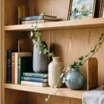 Style a bookshelf like a designer: A curated wooden display featuring stacked books, textured ceramic vases with trailing ivy, gold bookends, and framed art arranged with intentional negative space.