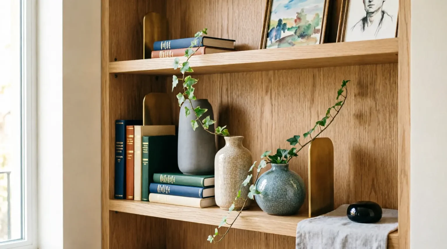 Style a bookshelf like a designer: A curated wooden display featuring stacked books, textured ceramic vases with trailing ivy, gold bookends, and framed art arranged with intentional negative space.