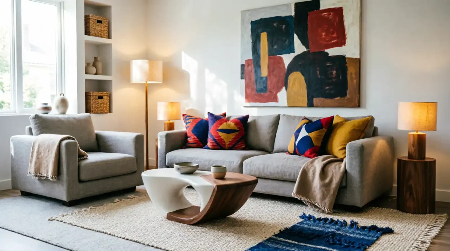 A bright, stylish living room combining minimalist furniture with colorful celebrity-inspired accents, bold wall art, and warm lighting.