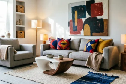A bright, stylish living room combining minimalist furniture with colorful celebrity-inspired accents, bold wall art, and warm lighting.