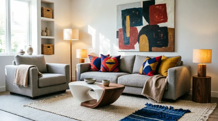 A bright, stylish living room combining minimalist furniture with colorful celebrity-inspired accents, bold wall art, and warm lighting.