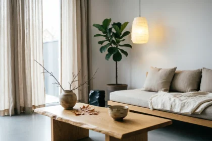 Serene Japandi living room featuring a low wooden daybed, live-edge coffee table, and natural materials like linen and handmade ceramics.