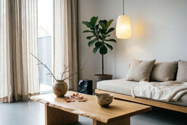 Serene Japandi living room featuring a low wooden daybed, live-edge coffee table, and natural materials like linen and handmade ceramics.