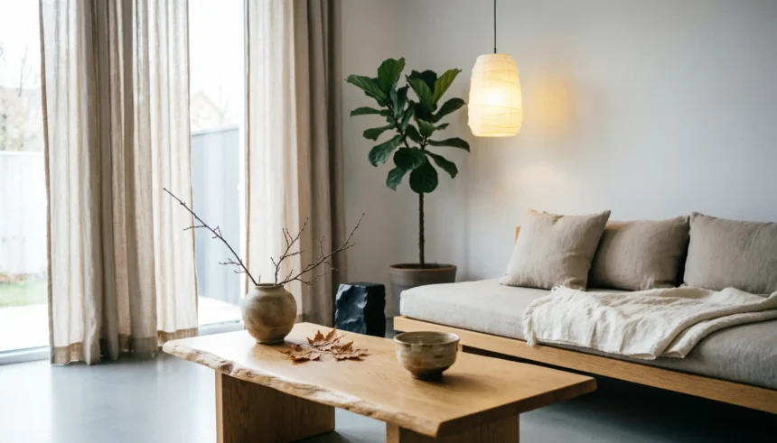Serene Japandi living room featuring a low wooden daybed, live-edge coffee table, and natural materials like linen and handmade ceramics.