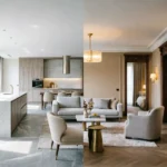 Split-view interior design comparison showing a bright, modern open floor plan on the left and a traditional closed room layout with elegant walls and doorways on the right.
