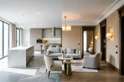 Split-view interior design comparison showing a bright, modern open floor plan on the left and a traditional closed room layout with elegant walls and doorways on the right.