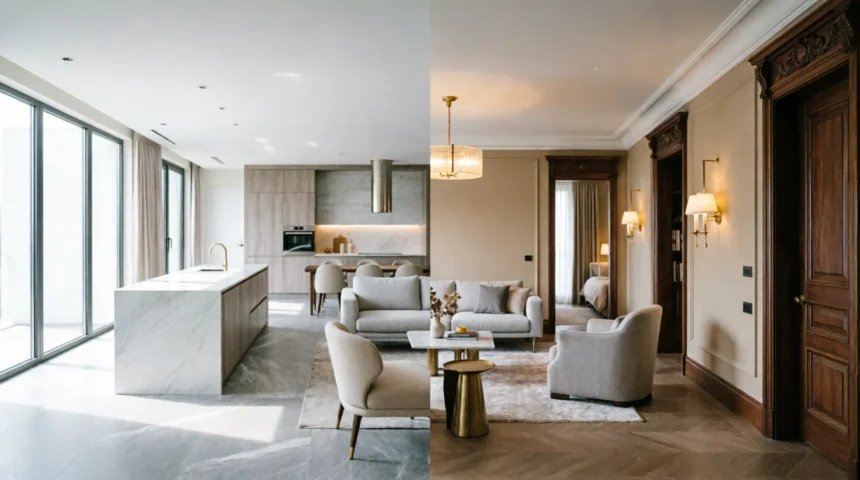 Split-view interior design comparison showing a bright, modern open floor plan on the left and a traditional closed room layout with elegant walls and doorways on the right.