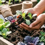 Hands carefully nurturing young organic seedlings in rich soil within a raised garden bed, surrounded by fresh vegetables and natural gardening tools.