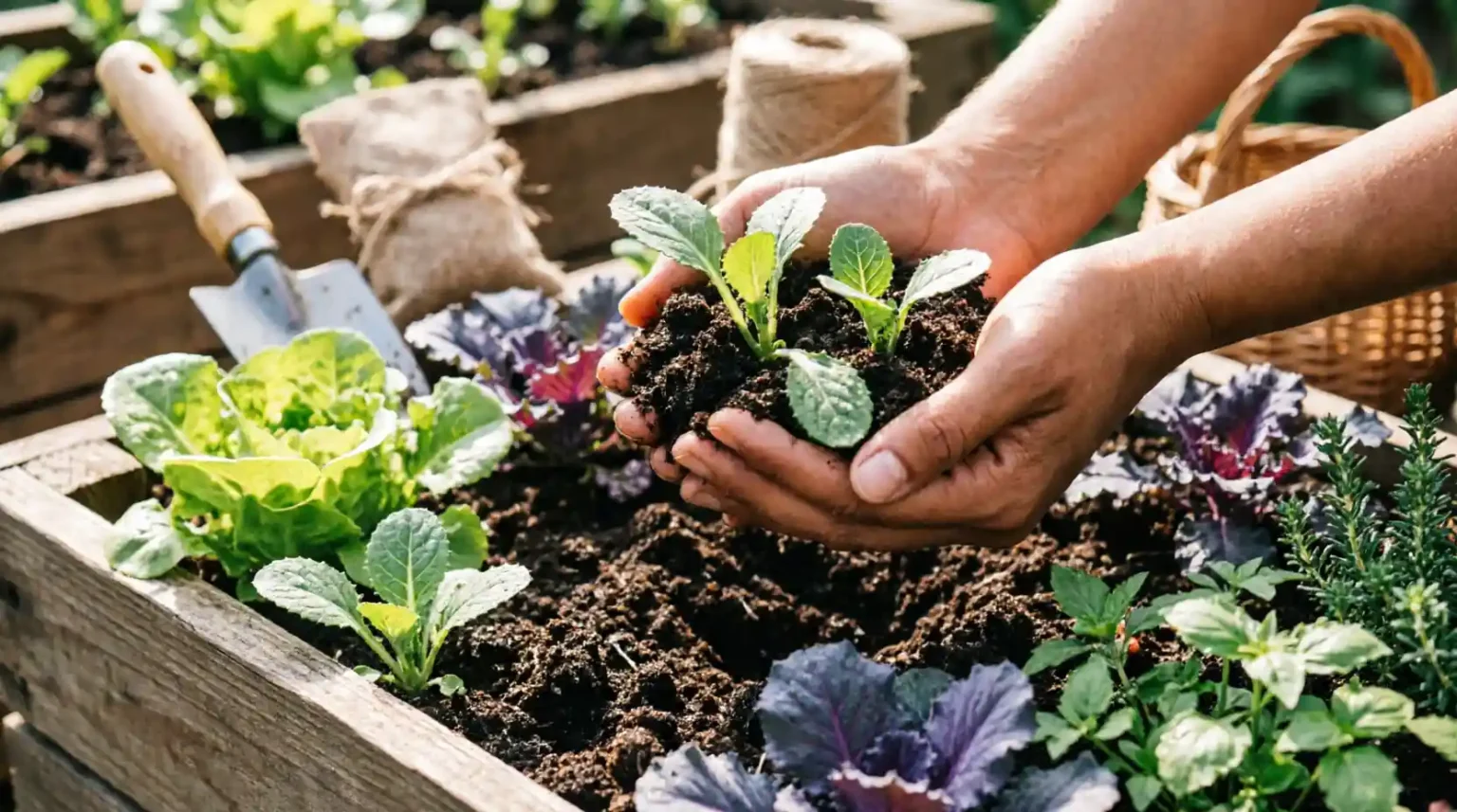 Hands carefully nurturing young organic seedlings in rich soil within a raised garden bed, surrounded by fresh vegetables and natural gardening tools.