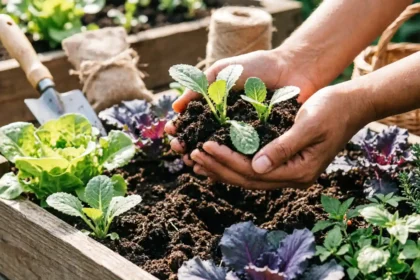 Hands carefully nurturing young organic seedlings in rich soil within a raised garden bed, surrounded by fresh vegetables and natural gardening tools.