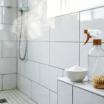 Natural cleaning supplies like vinegar and baking soda arranged on sparkling clean bathroom tiles, demonstrating safe, eco-friendly black mold removal.