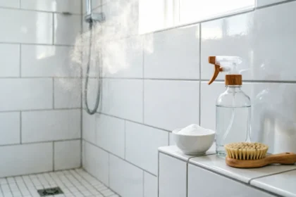 Natural cleaning supplies like vinegar and baking soda arranged on sparkling clean bathroom tiles, demonstrating safe, eco-friendly black mold removal.