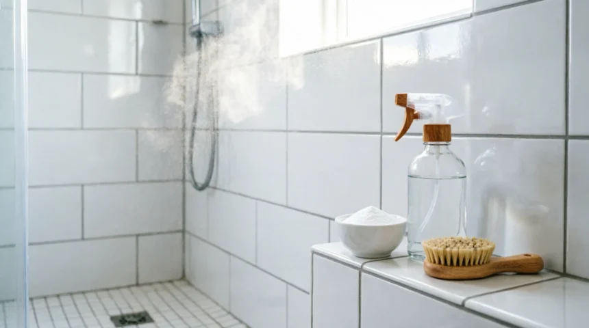 Natural cleaning supplies like vinegar and baking soda arranged on sparkling clean bathroom tiles, demonstrating safe, eco-friendly black mold removal.