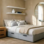 Bright, modern small bedroom layout featuring a space-saving storage bed, floating shelves, and a large round mirror to enhance natural light and create an airy, cozy sanctuary.