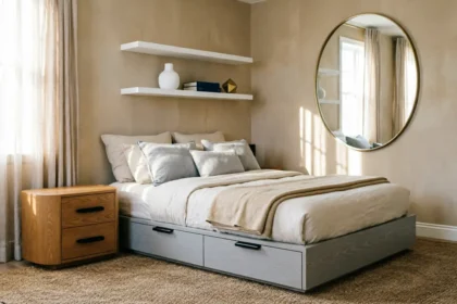Bright, modern small bedroom layout featuring a space-saving storage bed, floating shelves, and a large round mirror to enhance natural light and create an airy, cozy sanctuary.