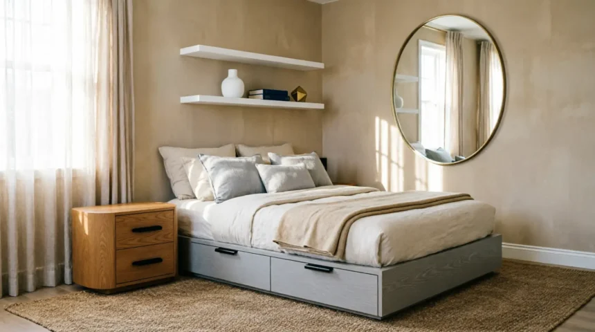 Bright, modern small bedroom layout featuring a space-saving storage bed, floating shelves, and a large round mirror to enhance natural light and create an airy, cozy sanctuary.