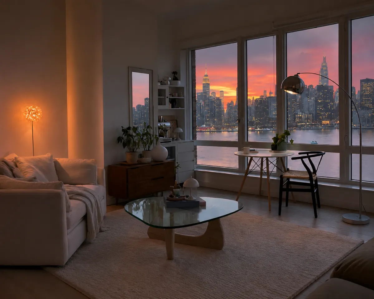 Modern NYC apartment interior with skyline view at sunset